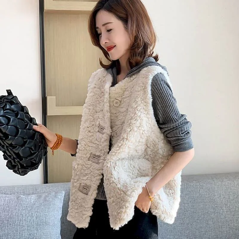 

Fleece Waistcoats for Women Vests O-neck Vintage Casual Sleeveless Cardigans Single Breasted Lambhair Jackets Loose Women Tops