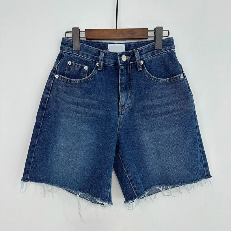 New 2024 Summer High Waist Denim Shorts For Women Pockets Burrs Blue Color Short Jeans Women Streetwear Casual Women\'s Shorts