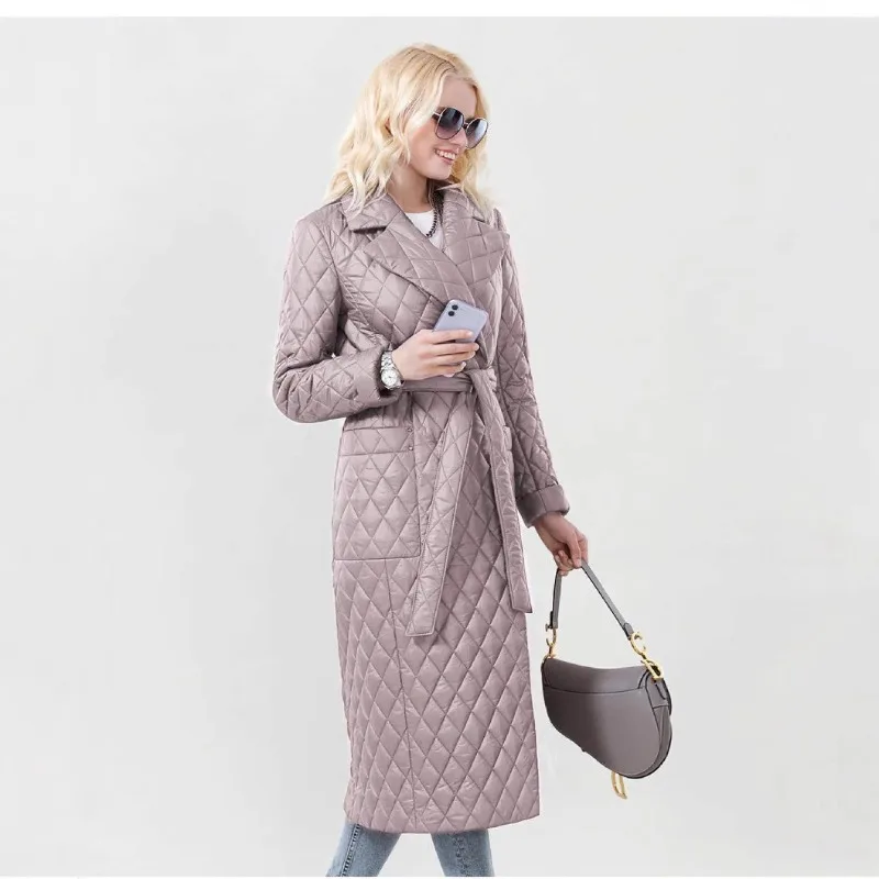 Hepburn Style Women' New Autumn and Winter High-end Knee-feeling Casual Foreign Style Rhombus Loose and Thin Long Cotton Clothes