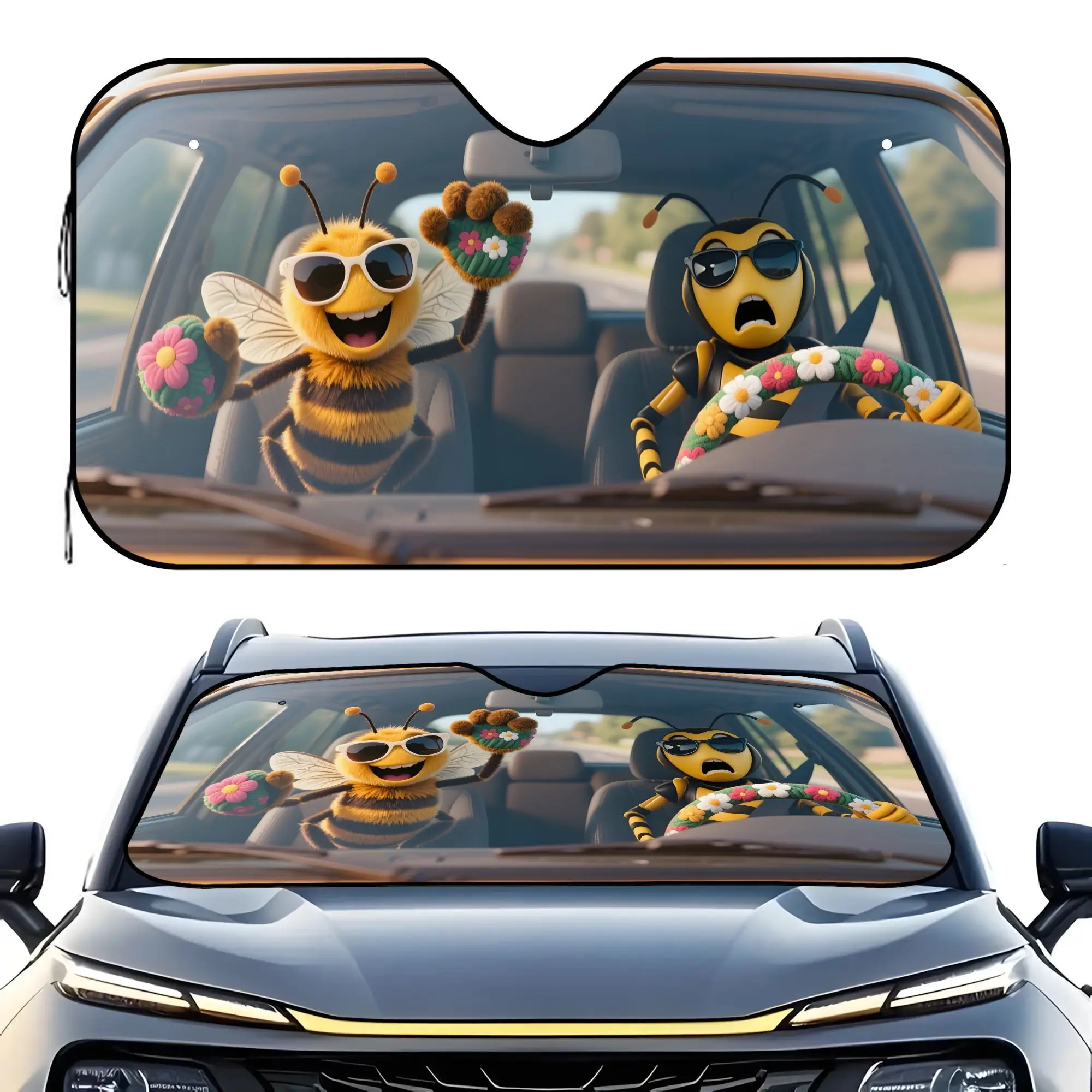 

1pc of Two Bees Driving Car Car Windshield Sunshade, Durable, Heat-Insulating, UV Resistant, Stylish Car Interior, Suitable for