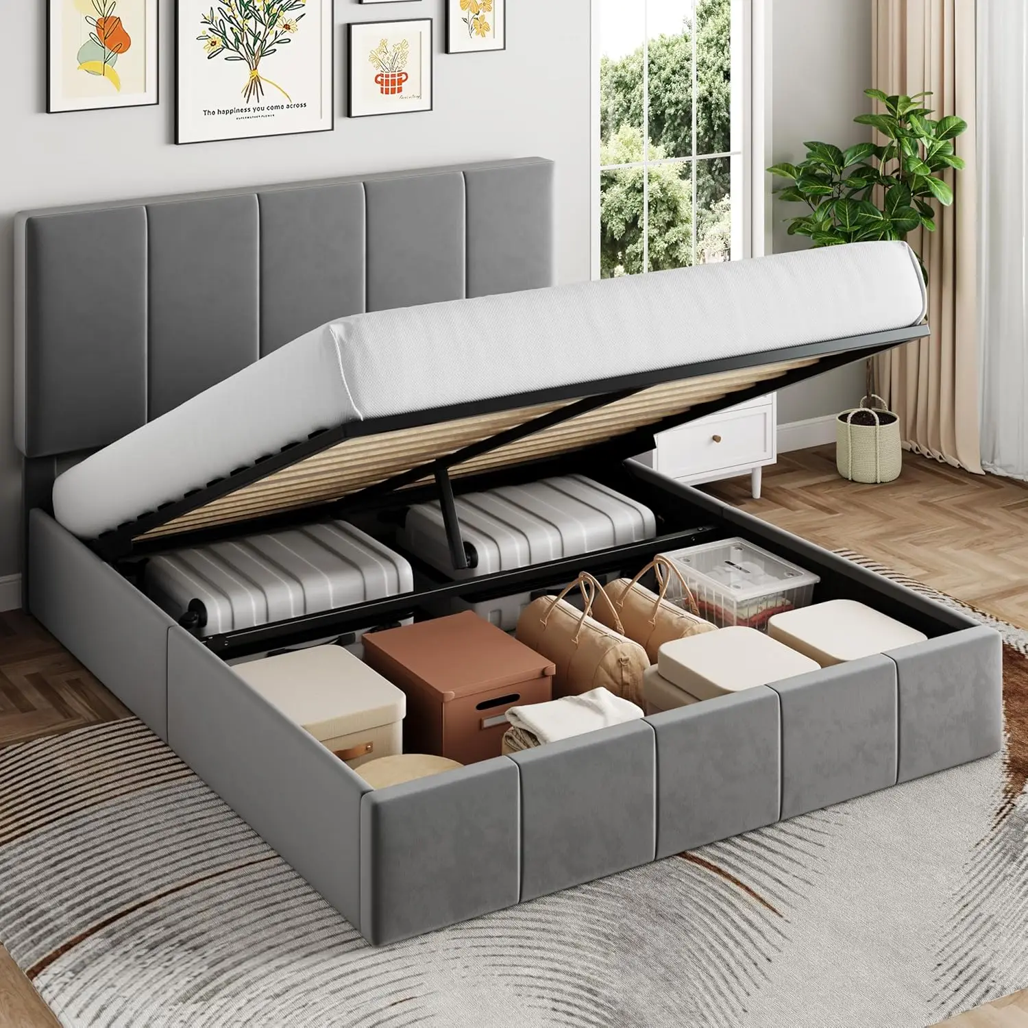 SHA CERLIN Queen Size Lift Up Storage Bed Frame, Adjustable Headboard, Hydraulic Support, Velvet Upholstered, Easy Installation,