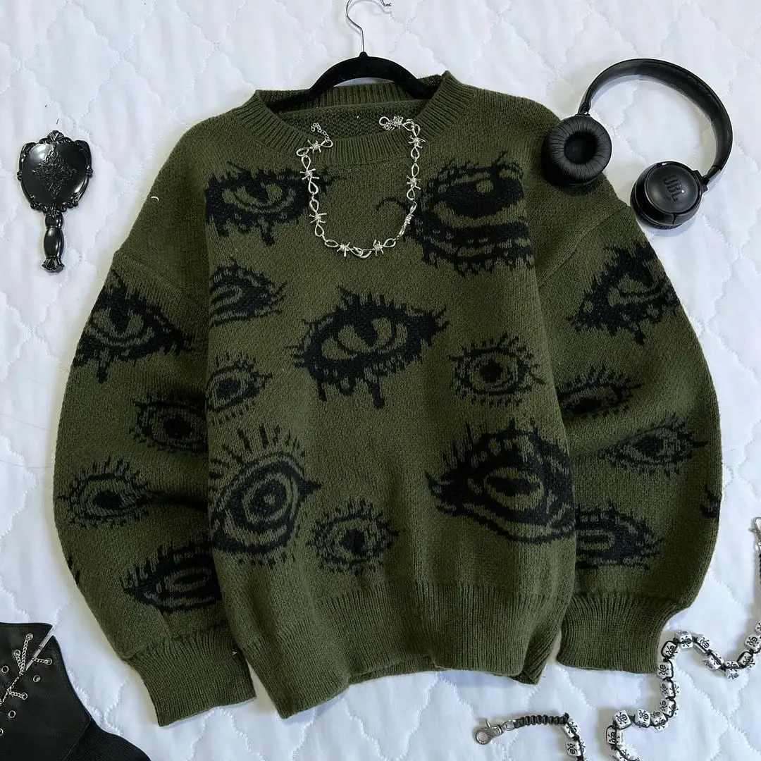 Gothic Punk Oversized Eye Pattern Sweaters for Men and Women Autumn and Winter Thickened Sweatshirts Knitted Sweater Streetwear