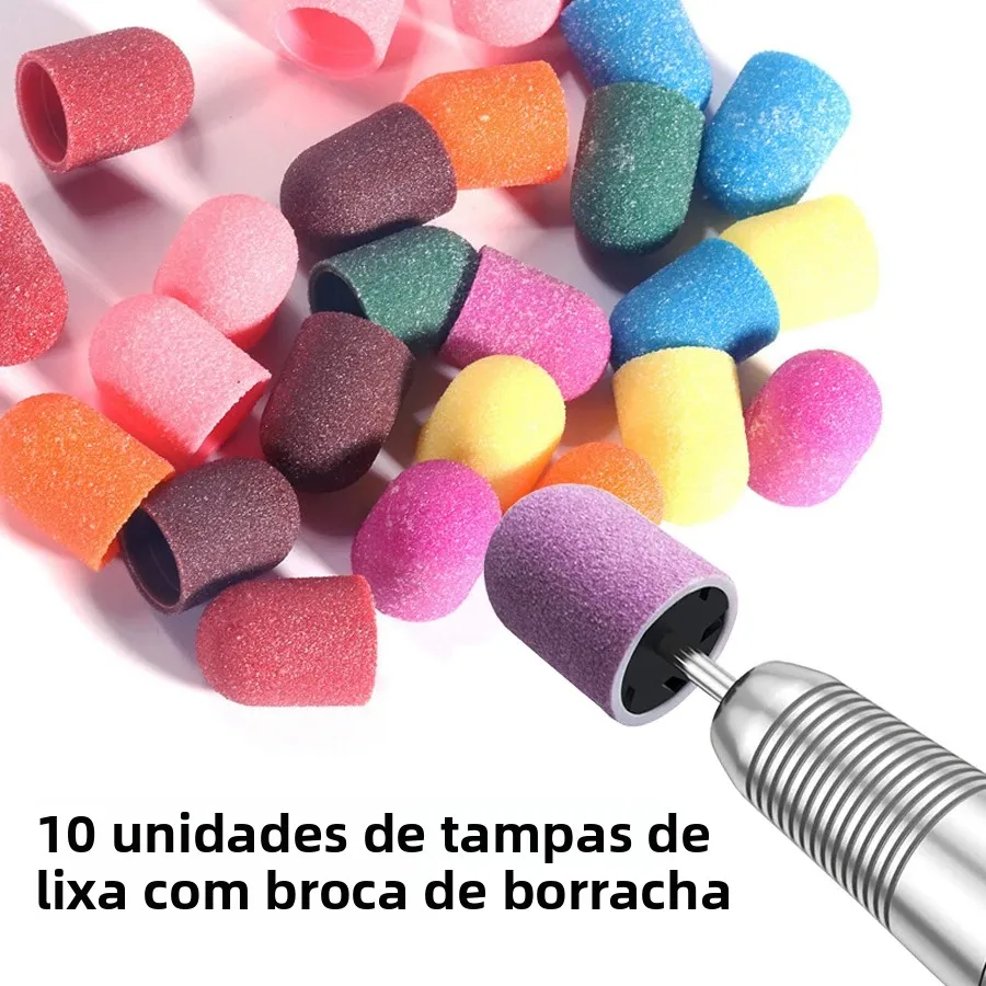 Conjunto de brocas de moagem para arte em unhas, tampas de lixa com broca de borracha para remoção de esmalte em gel, manicure e pedicure com 10 peças