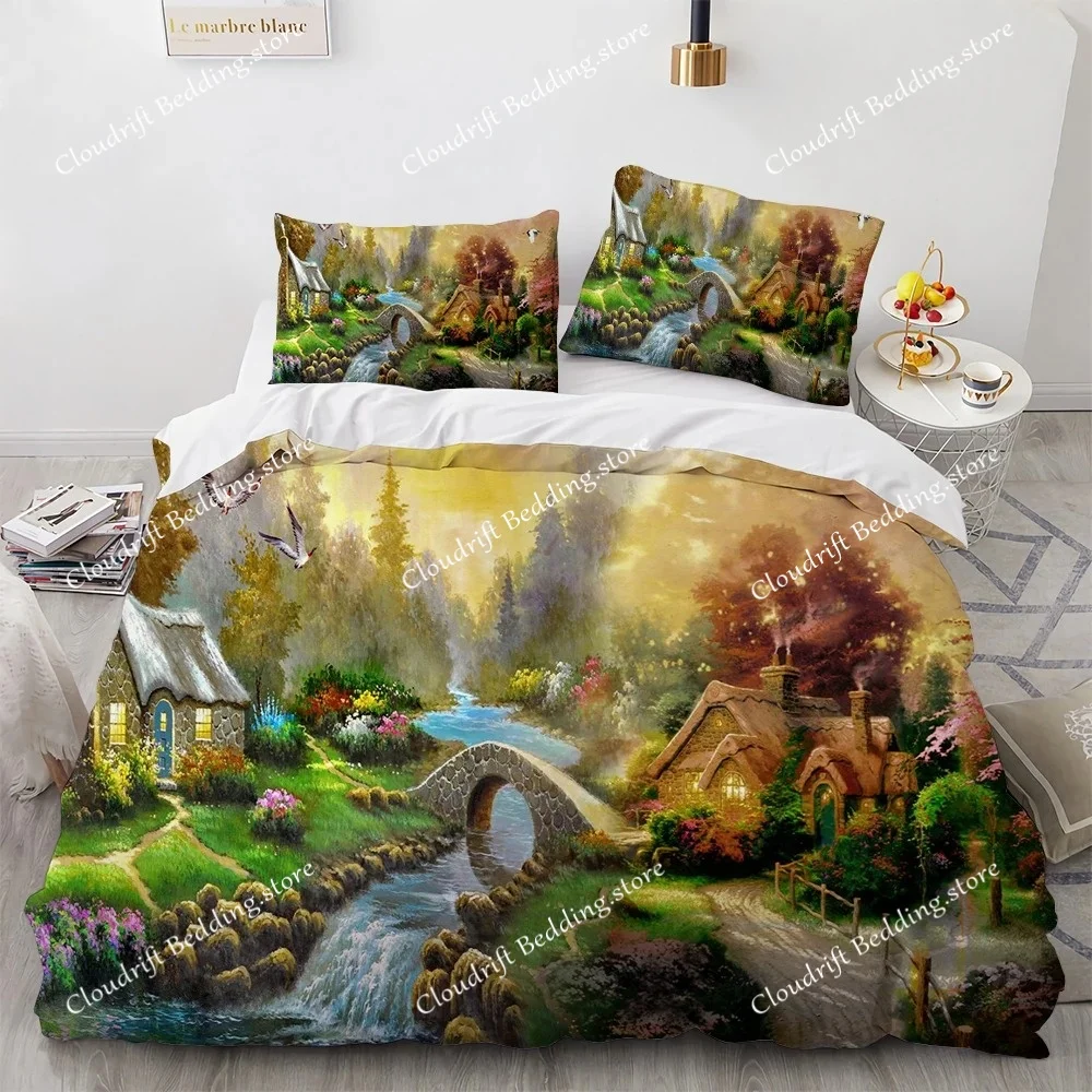 

Комплект постельного белья с принтом «Король и Королева» в стиле масляной живописи, винтажный пейзаж с зданиями, для взрослых, ретро-арт, микрофибра, пододеяльник