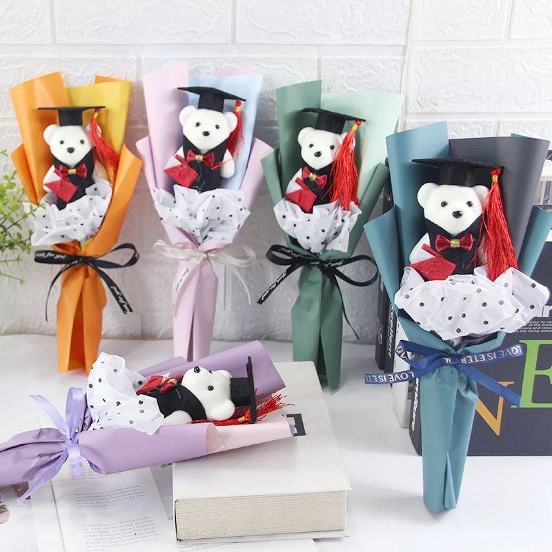 Cartoon Bear Doll Bouquet Unique Grad Flower Bouquets Wedding Favors Mini Artificial Flower Stuffed Decor Graduation Party Gifts