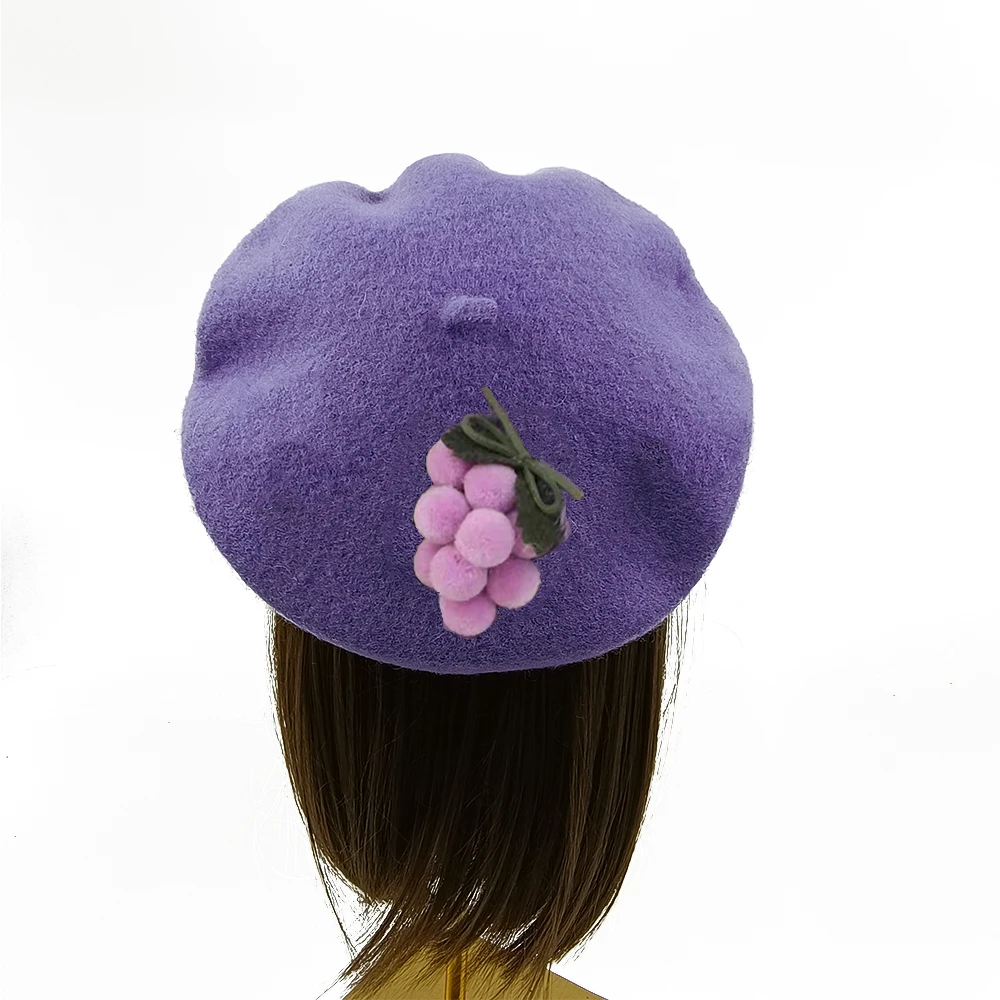 Purple Grape Wool Women\'s Beret DIY Lovely Party Gift Original Design Handmade Hat Rabbit Ear Beret Fashion Artist Hat