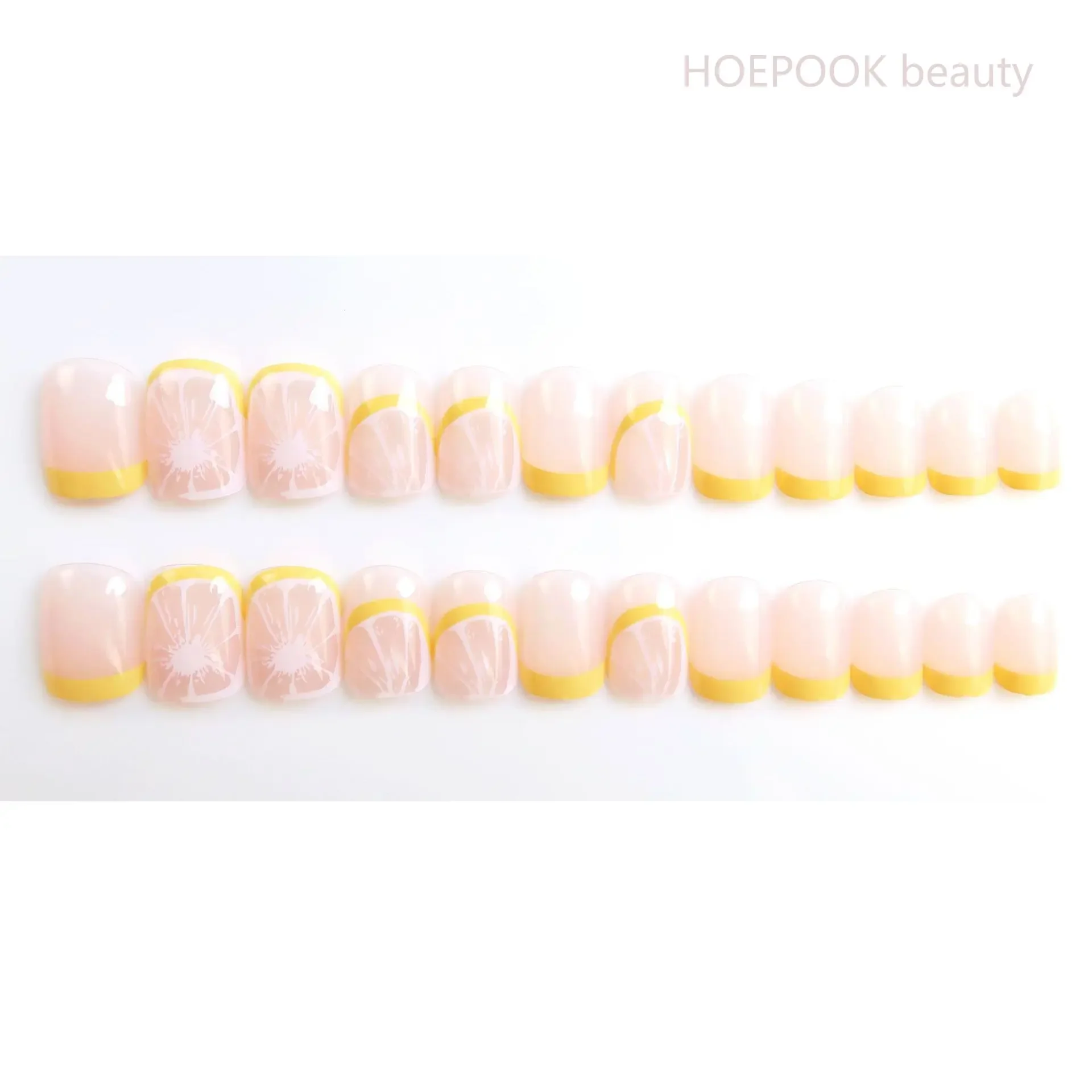 24pcs French Lemon Full Cover Artificial Fake Nails Art Seamless Removable Coffin False Nails With Glue Girls Press On Nail Tips