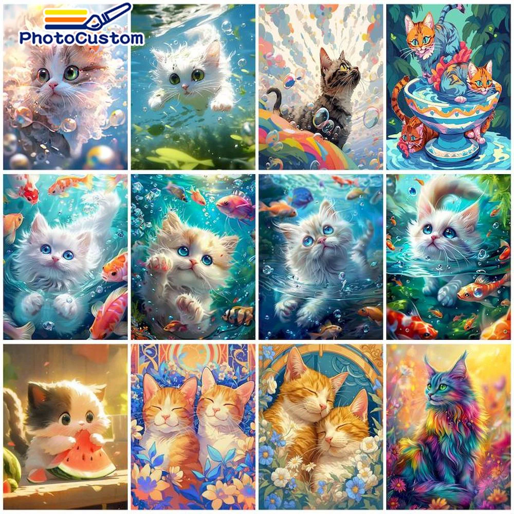 

PhotoCustom Cat DIY Painting By Numbers Animal Set Acrylic Paints Picture Of Coloring By Numbers Handmade For Kids Handiwork