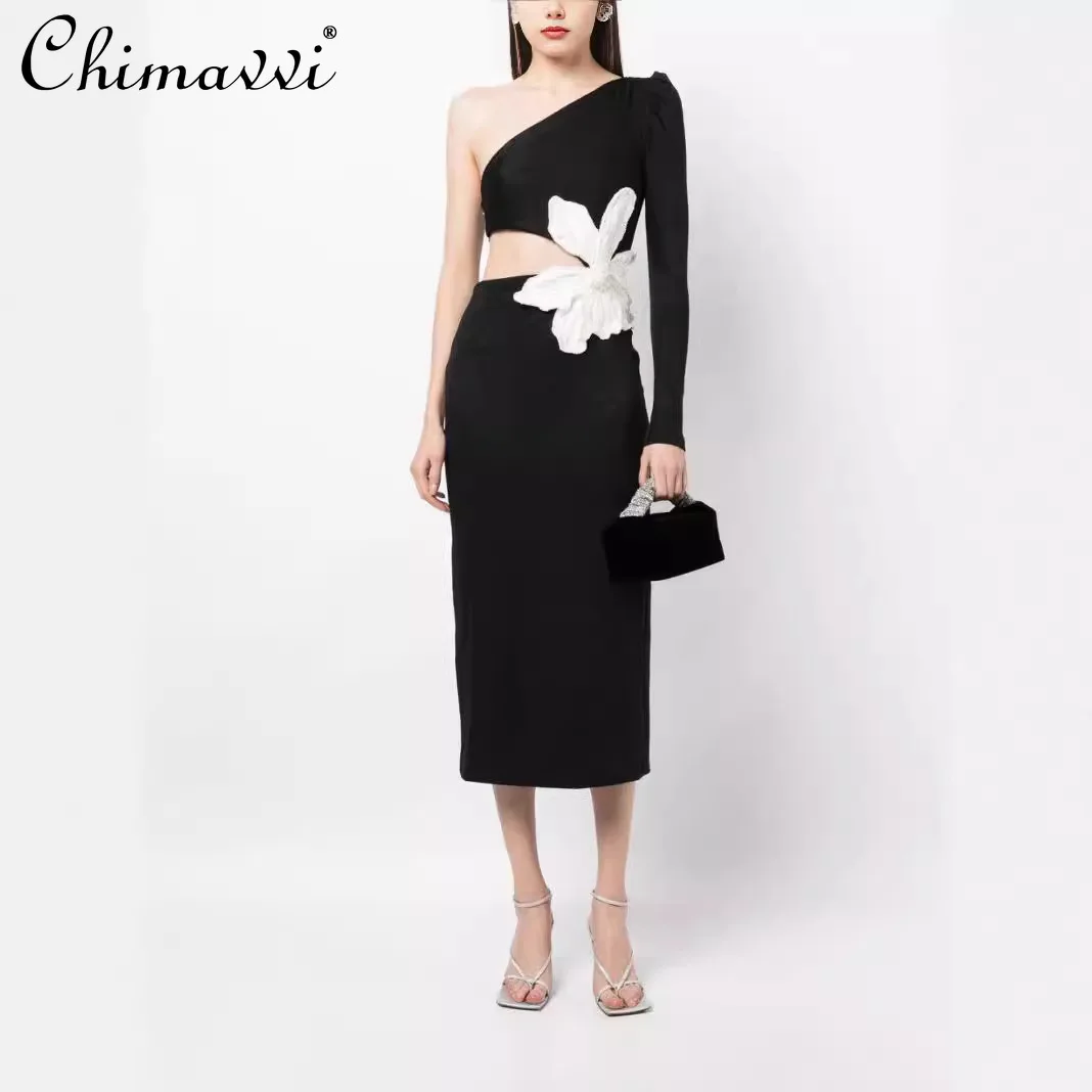 French Elegant One-Shoulder Long Sleeve Hollow High Waist Flower Hip-wrapeed Split Sexy Bandage Skinny Long Evening Dress Women