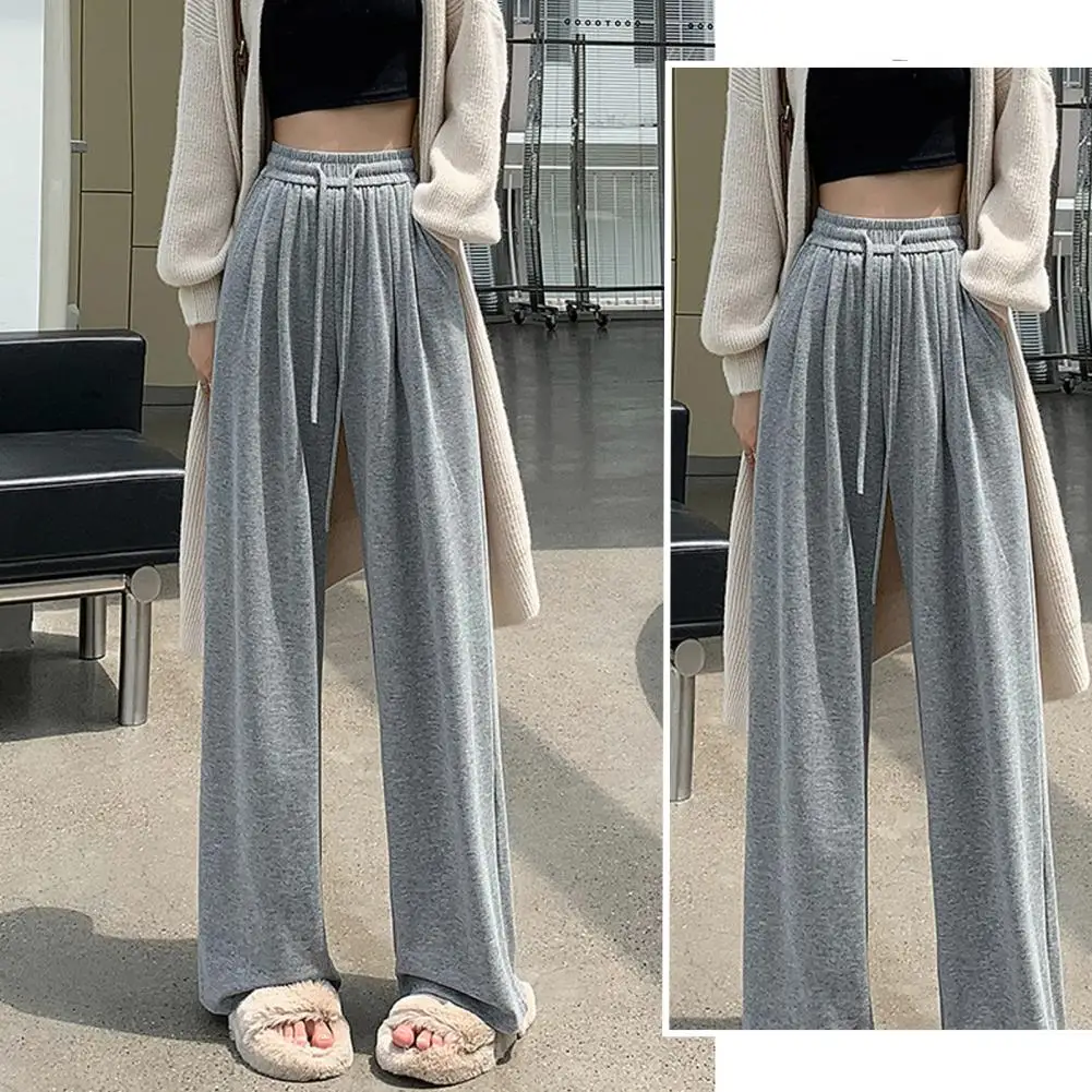 Wide-leg Pants Elastic Waist Bottoms High Waist Wide Leg Women's Pants with Drawstring Soft Solid Color Trousers for Fall Winter