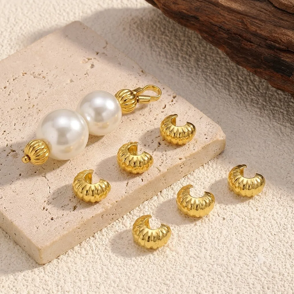 50 Stück 18K vergoldete offene Quetschperlen-Abdeckungen, gestreifte Quetsch-Endperlen, Stopper, DIY-Handwerkszubehör für die Schmuckherstellung – Detail 6