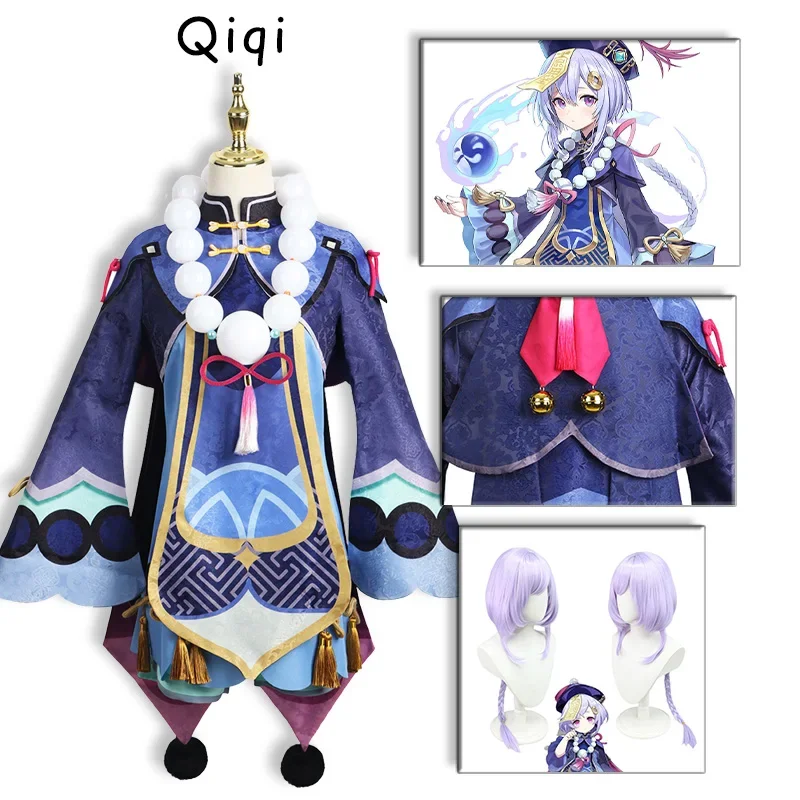 Genshin Impact Qiqi Cosplay Anime Uniform wig Halloween Party Carnival Game Sets New Character Roleplaying 2024 Stocking