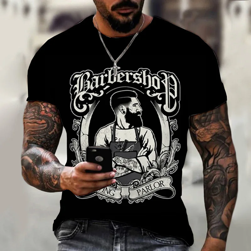 T-shirt vintage de barbeiro artesanal para homens, T impresso gráfico, top de manga curta, roupa extragrande, verão