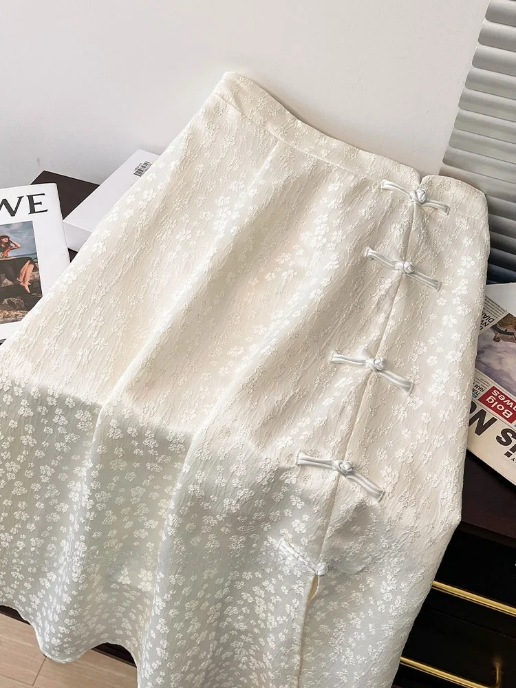 Ele brodé blanc jupe asymétrique Fem été nouveau chinois Sle boutonné taille haute a-ligne Hanfu Ma visage jupe