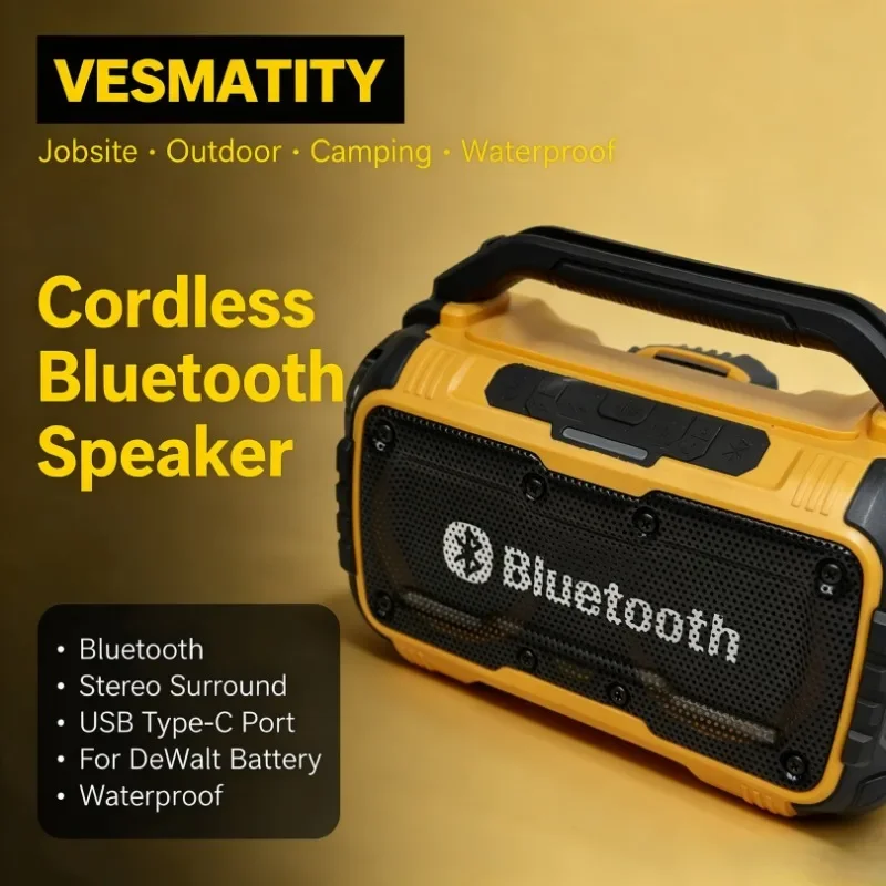 Bluetooth Speaker Jobsite Outdoor Camping Waterproof Stereo Surround Loudspeaker with USB Type-C Port for Dewalt Battery