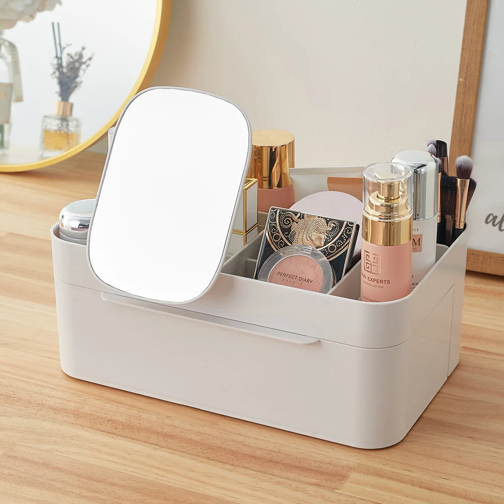 Makeup Cosmetic Mix of Deep and Shallow Compartments Organizer with Removable Double Sided Magnifying Mirror