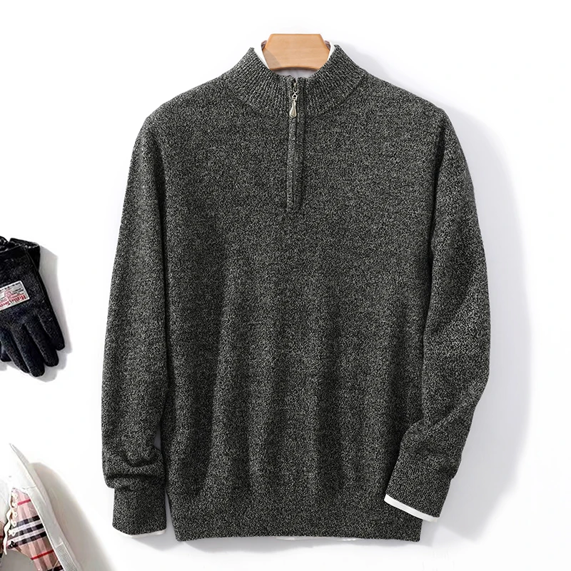 Jersey clásico de lana con cuello de cremallera para otoño e invierno, Tops, suéter de cachemira, nuevo jersey informal para hombre, suéter de lana merina de 100%