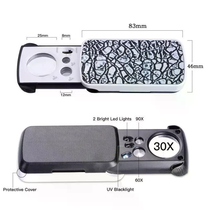 1 Pc 30X 60X 90X LED UV Magnifier, Slide Out Portable Triplex Jewelry Loupe for Gemology Micro Engraving Precision Work