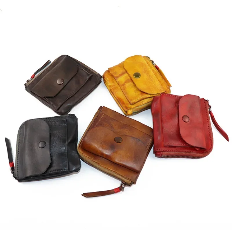 Handmade distressed creative pocket zip buckle genuine leather vintage coin purse