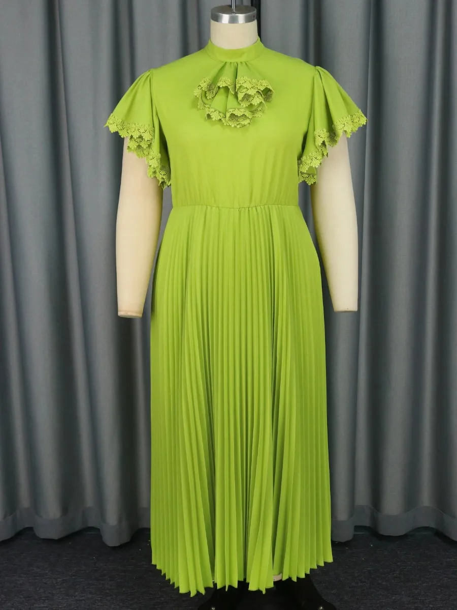 

Elegant Women Green Pleated Party Dress High Collar Bowtie Short Butterfly Sleeve High Waist Long A-Line Church Gowns Plus Size