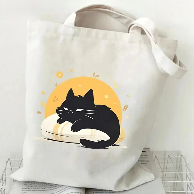 Katzen-Print Canvas-Tragetasche Niedliche Cartoon-Katzen-Muster Schultertasche für den täglichen Einkauf Tierliebhaber Enthusiasten Wiederverwendbare Einkaufstasche – Detail 5