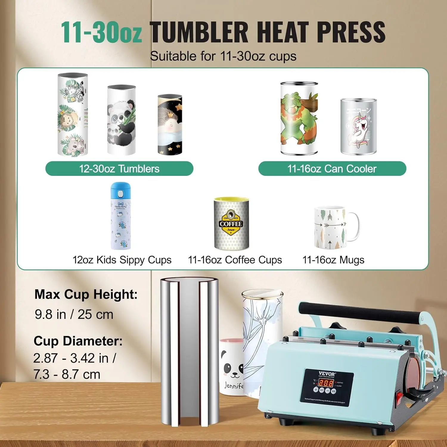 Tumbler Heat Press Machine, 11-30oz Mug Press, Heat Up Fast and Even, Tumbler Press with Sublimation Paper