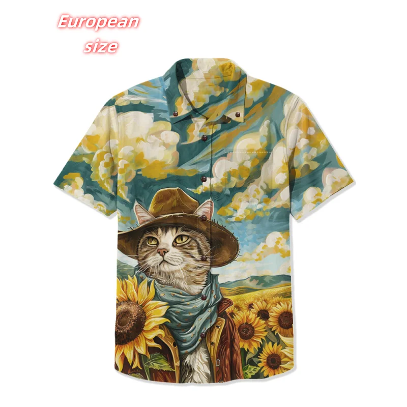 

Cat Raccoon Flower Pattern Hawaiian Shirt For Men Cute Animals 3D Printed Blouse Summer Short Sleeve Lapel Tops Aloha Shirts