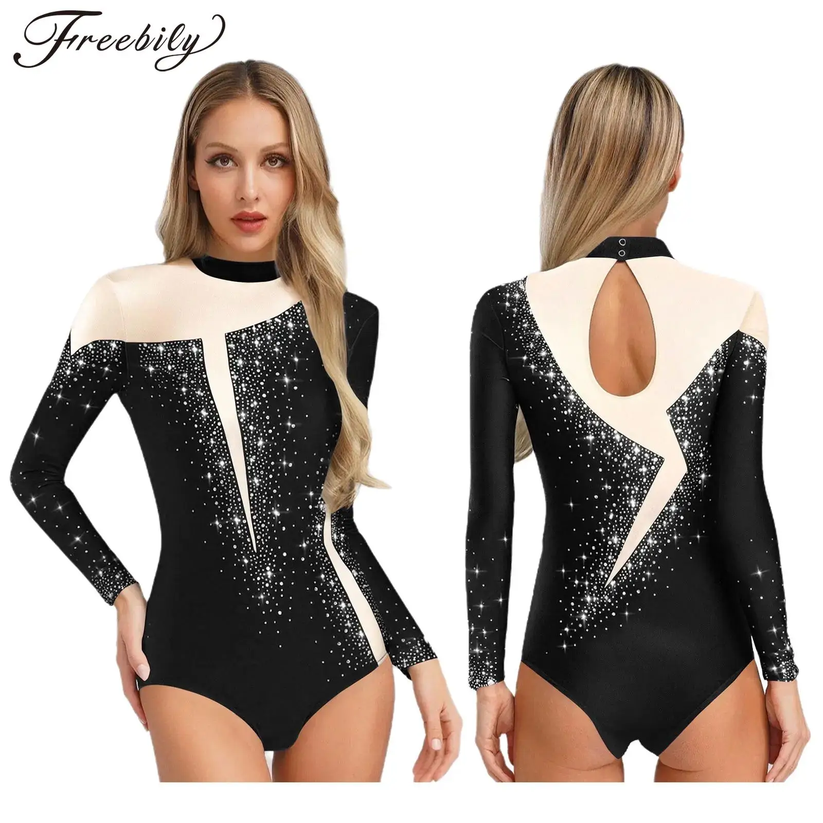 Body da donna con strass lucidi, pattinaggio di figura, ginnastica, body a maniche lunghe in rete trasparente per spettacoli di danza classica e acrobazie