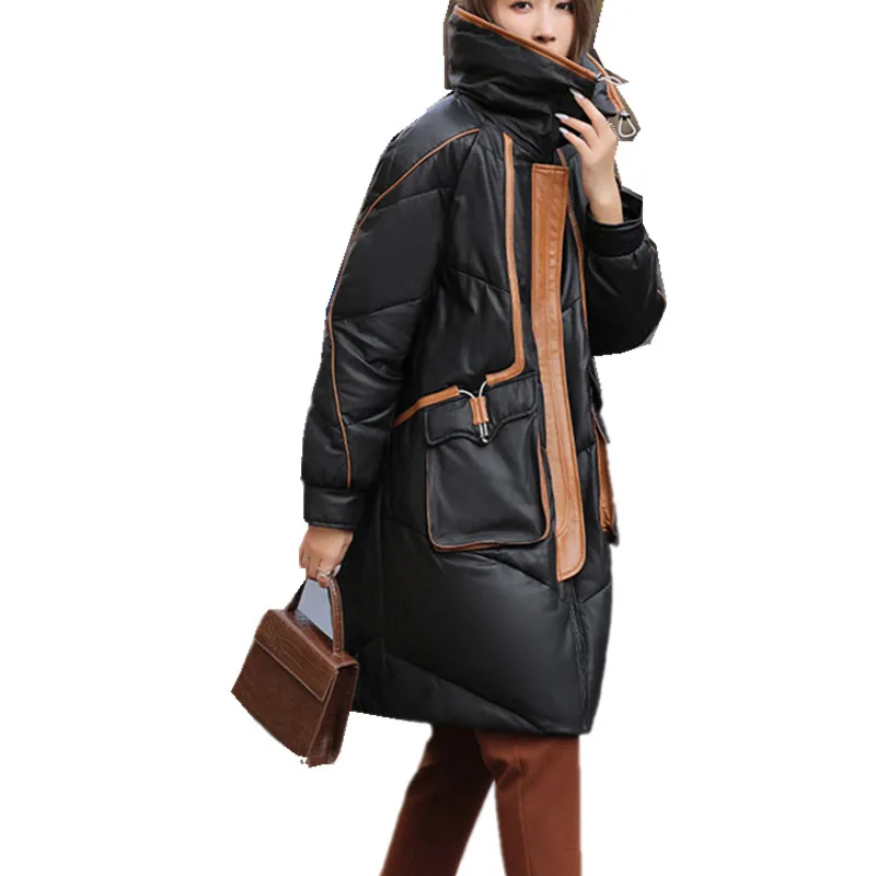 

Women's Leather Down Jacket, Warm Sheepskin Coat, Medium Length, Profile Genuine Coat, Fashion Color Contrast Coat, Winter