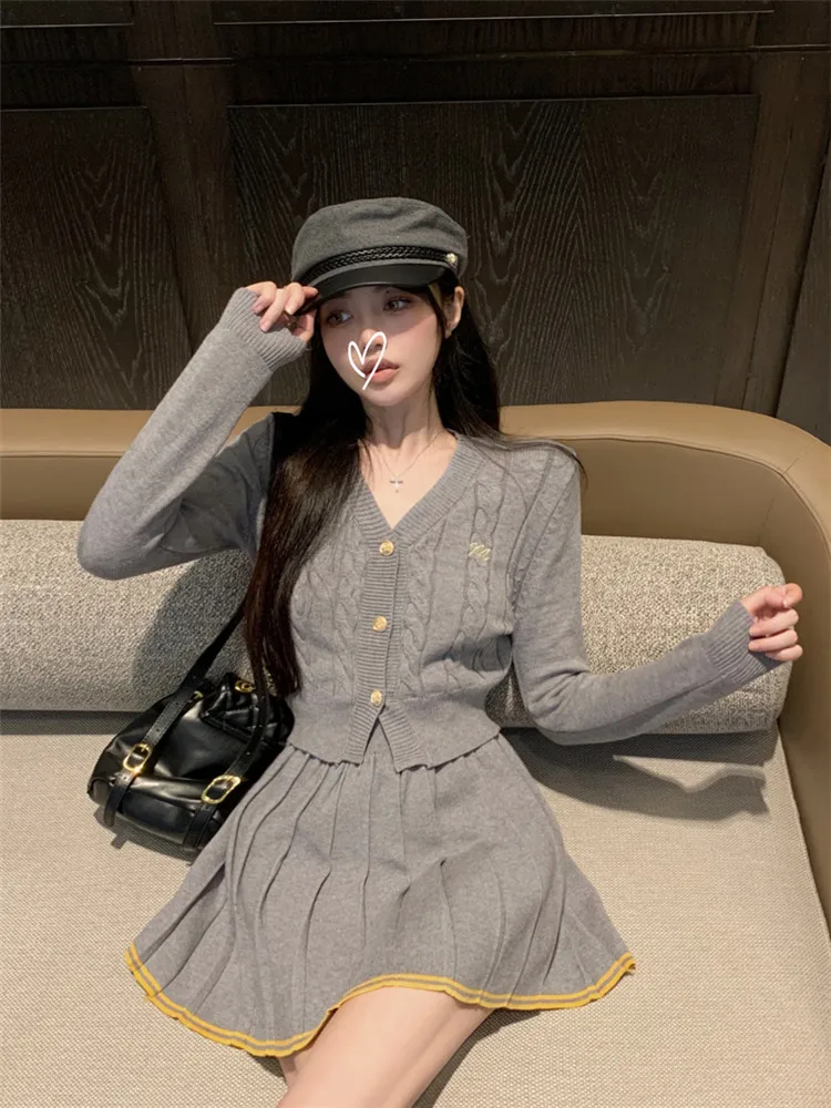 New 2024 Fall Fashion Grey Knit 2 Piece Sets Long Sleeve V Neck Cardigan&Pleated Mini Skirt Women Two Pieces Slim Sweater Suits