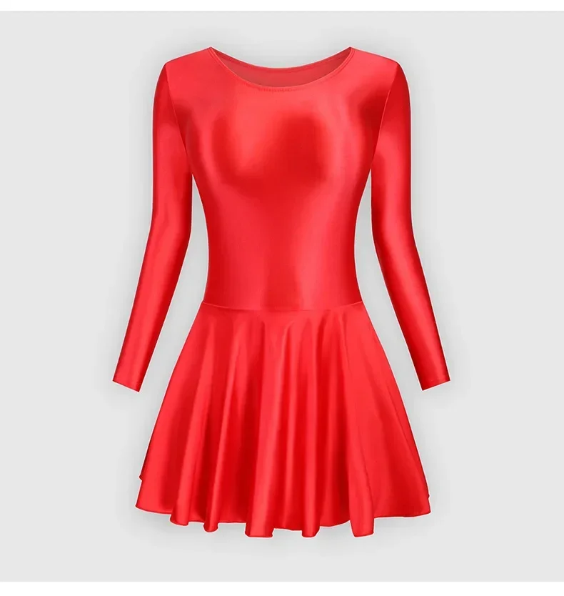 المرأة طويلة الأكمام ضيق مطاطا لامعة حريري فستان رقص اليوغا الصلبة على شكل ممارسة تنورة الجمباز يوتار ملابس السباحة Dancewear