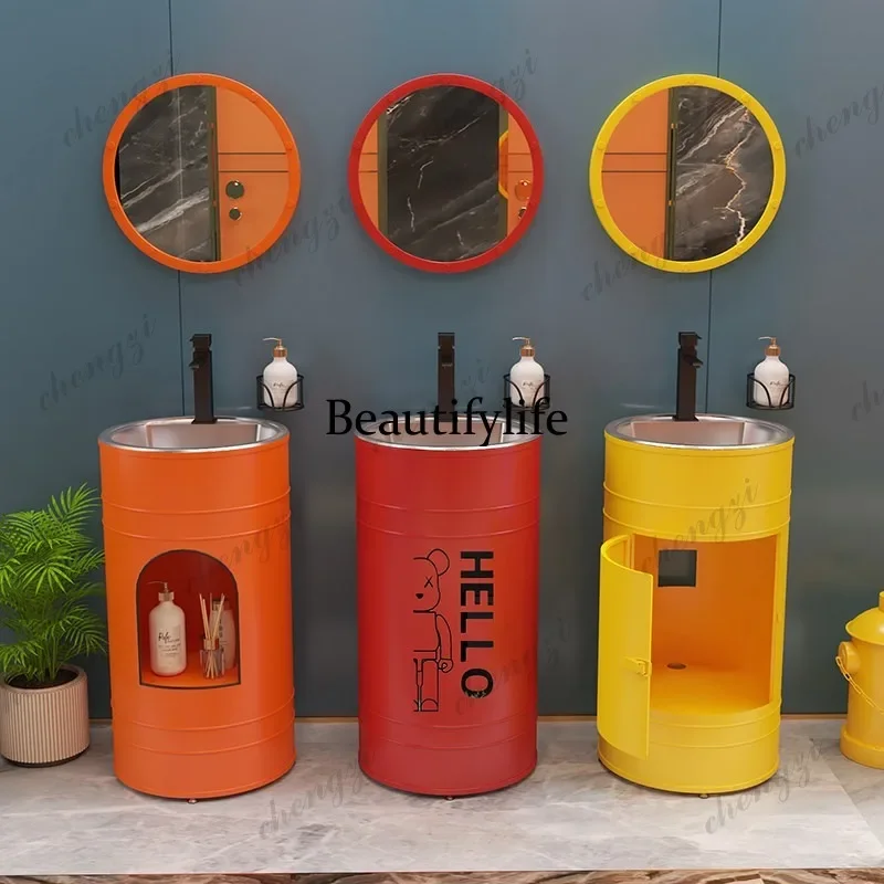 D1089 industrial wind round stainless steel wash basin retro commercial column washbasin balcony integrated floor basin