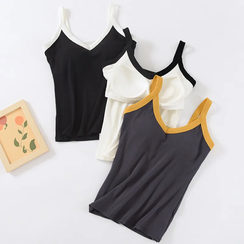 Fdfklak Cotton Camisole Vest Women's Chest Pad Threaded One Piece Pajamas Comfortable Sleep Tops Sexy Bottoming Shirt