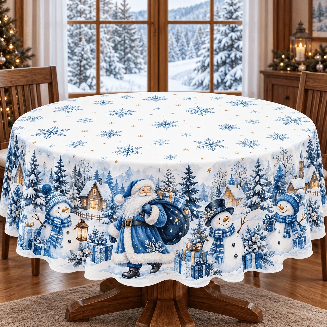 1 round tablecloth, ice blue Christmas atmosphere is a shop! Blue and white color scheme fresh and eye-catching