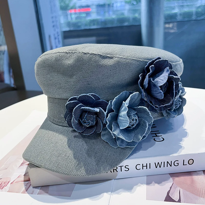

Cowboy Fashion Big Flower Elegant and Sweet Flat Top Navy Hat Student Hat Small Crowned Face Small Sunshade Hat
