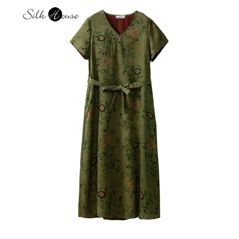 

Fashion Women's Clothing 100% Natural Mulberry Silk Fragrant Cloud Yarn V-neck Short Sleeved Green Printed A-line Long Dress