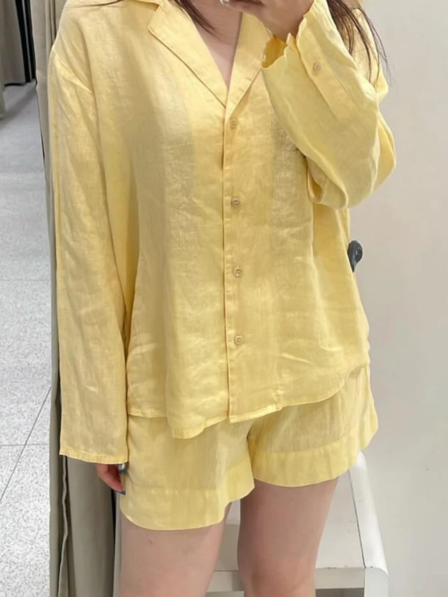 

Solid Color Casual Two-piece Set Women Single Breasted Long Sleeve Blouses Summer New Simple Loose Fashion Buttons Shorts Sets