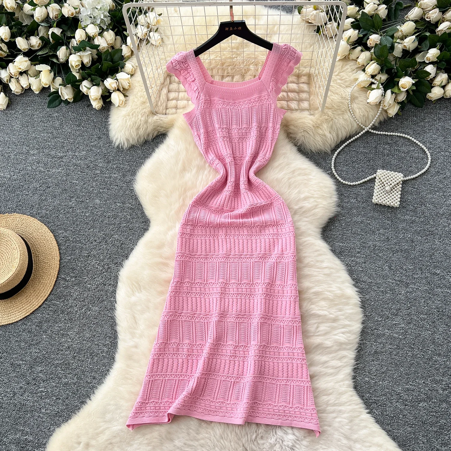 Robe longue bohème ajourée pour femmes, à volants, douce, tricotée transparente, à lacets, élastique, moulante, robe de plage, 2025