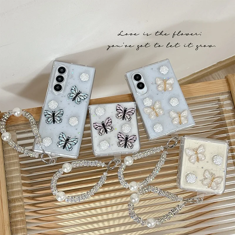 Crystal Flower Butterfly Bling Case Cover With Diamond Pearl Chain Bracelet For Samsung Galaxy Z Flip Fold 8 Ultra 7 FE 6 5 4 3