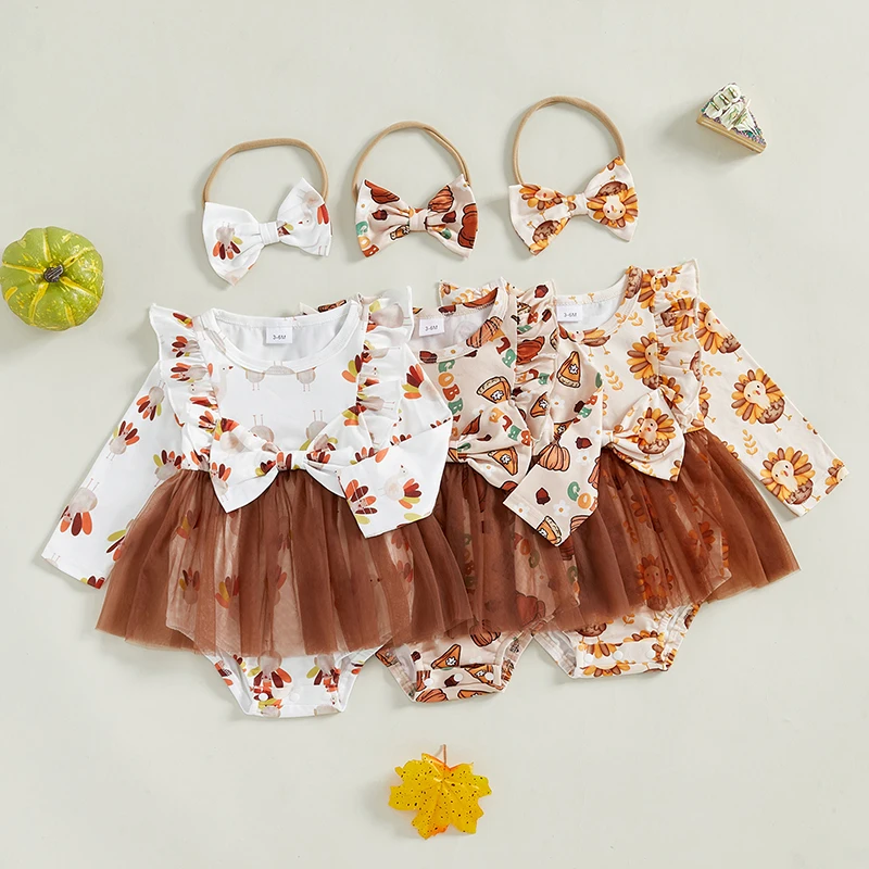 

0-18 Months Baby Girls Thanksgiving Romper Dress Flying Sleeve Turkey Print Romper with Headband 2Pcs Fall Outfit