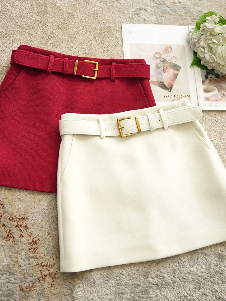 

Элегантная шерстяная юбка А-силуэта с поясом, красная, длинная, женская, для ранней весны, модная, для офиса, дышащая, приятная к телу.