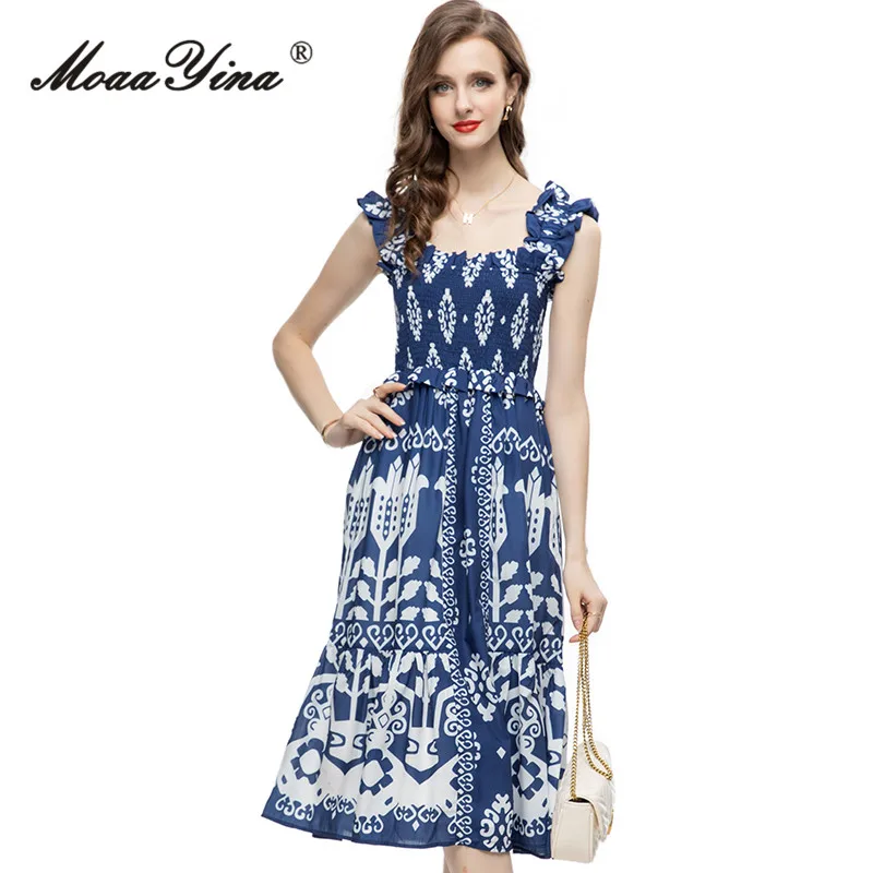 

MoaaYina Summer Fashion Designer Vintage Print Sling Dress Women Square Collar Backless Elastic Waist Ruffles A-LINE Midi Dress