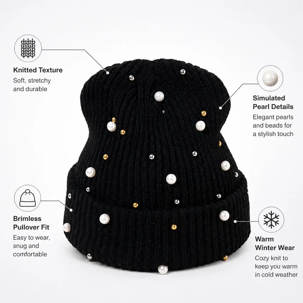 Simulated Pearl Knitted Beanie Hat Knitted Texture Warm Coverage Brimless Skull Cap Brimless Style Solid Cotton Beanie