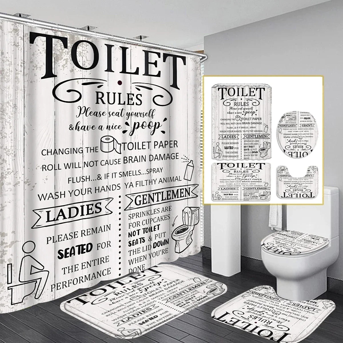 Retro Bathroom Rules 4-piece Set, Funny British Shower Curtain + Mat + Toilet Cover, Creative Home Decoration