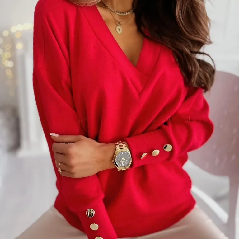 Immagine 4: Maglione con Scollo a V e Bottoni Frontali, Vestibilità Ampia, Stile Chic da Pendolante, Pullover Primaverile di Peso Medio con Dettaglio a Bottone Singolo per Donna
