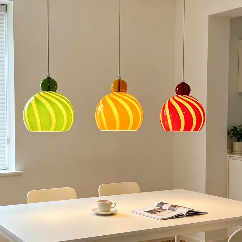 Cross-border Pendant Lamp French Antique Striped Glass Chandelier Dopamine Color Single-headed Homestay Cafe Bar Decorative Lamp