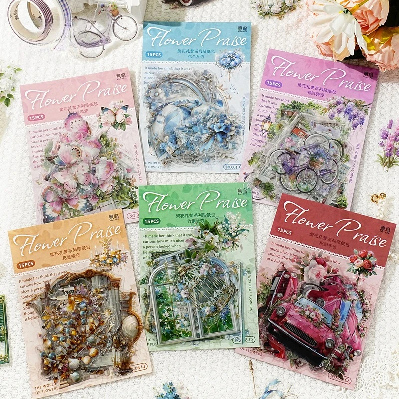 15 Stück/Packung Blumen-Serie Aufkleber-Set, Vintage DIY Journal Scrapbooking Dekorative Zubehörteile