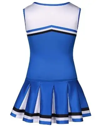 Niebieskie, urocze sukienki dla dziewcząt w stylu cheerleaderki z pomponami, mundurek cheerleaderki, eleganckie sukienki na imprezy dla cheerleaderek.