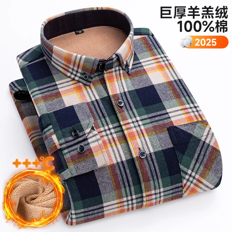 New cotton plaid warm shirt long sleeve mens shirts Extra large size men\'s fleece thickened korea style streetwear men clothing