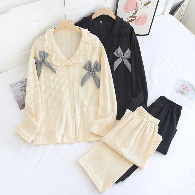 New spring and autumn ladies pajamas long-sleeved trousers two-piece set 100%cotton knitted striped bow cute homewear suit women